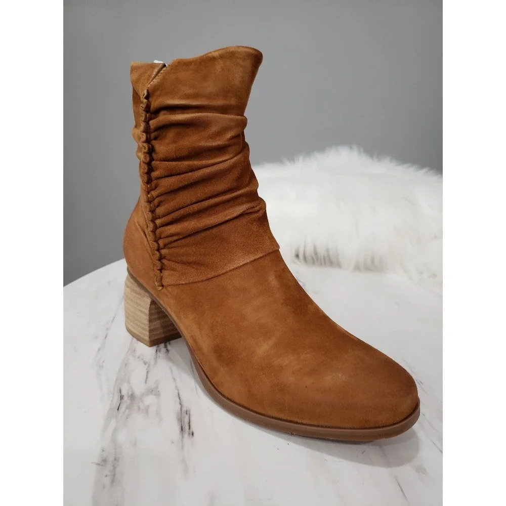 NEW Antelope Nona Cognac Brown Suede Ankle Boots Ruched Old Money prep academia